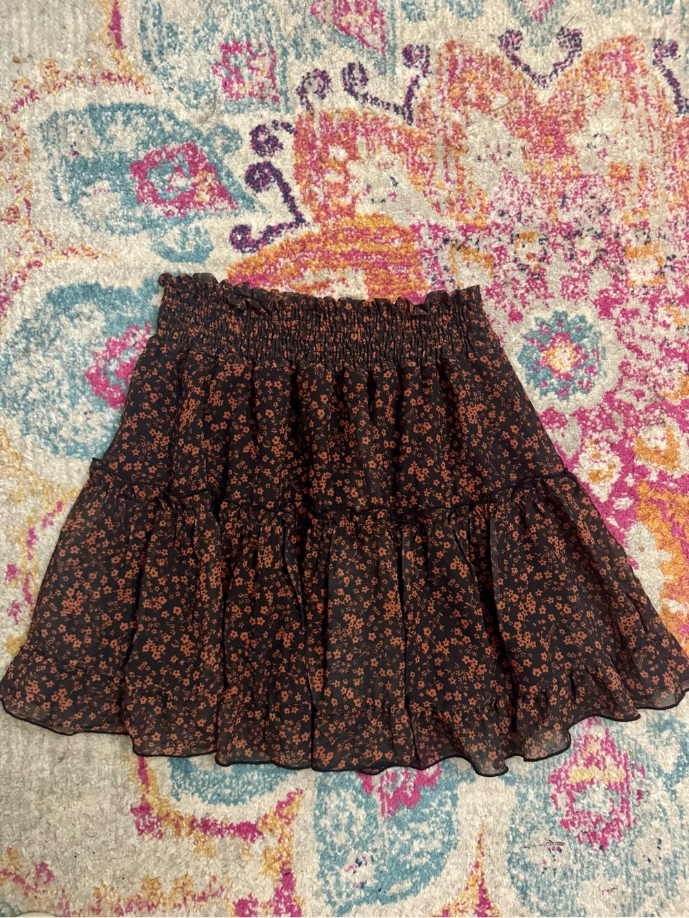 Womens Black and Orange Floral Tiered Mini Skirt with Ruffles